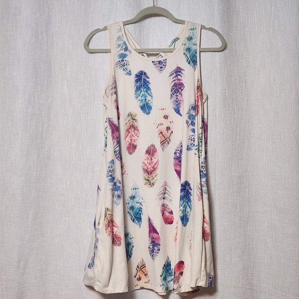 PS Kate Sleeveless Swing Dress Pockets Rainbow Feathers Super Soft Small